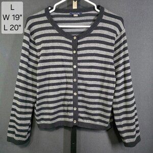 Tommy Hilfiger Cardigan Sweater Womens L Black Gray Striped Button Up Preppy Y2K